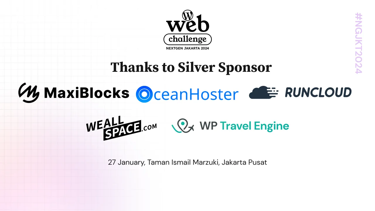 Terima kasih Silver Sponsor, MaxiBlocks, Ocean Hoster, RunCloud, WeAllSpace, and WP Travel Engine