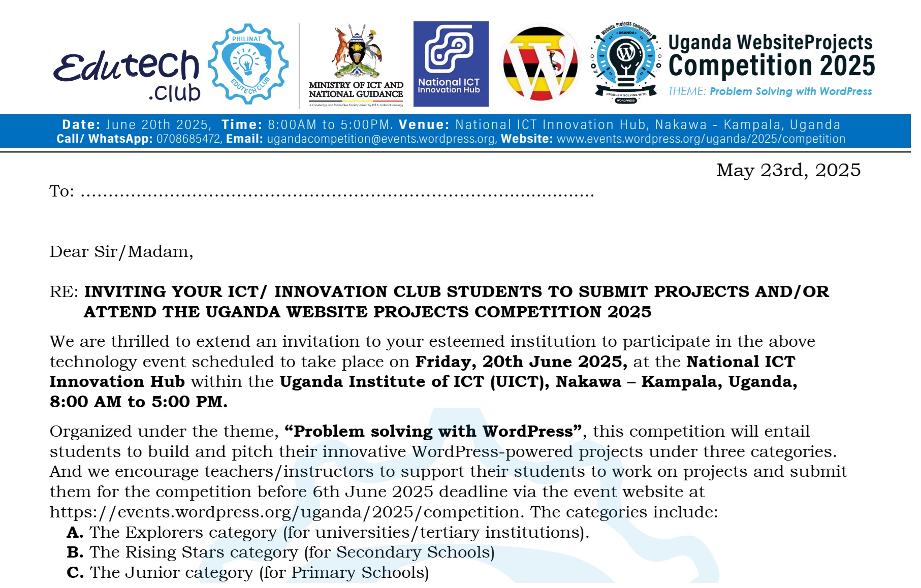 📢 Invitation Letter Now Available for Download — Uganda Website Projects Competition 2025